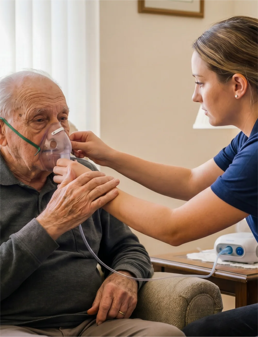 Caregiver helping an elderly man adjust his oxygen mask.